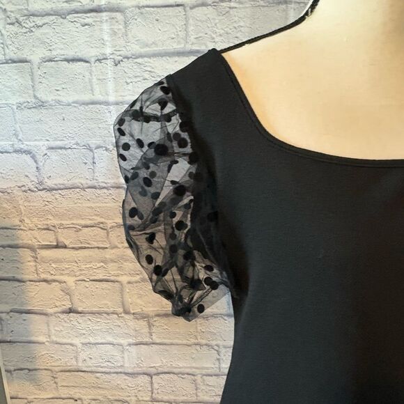 SHEIN Black Blouse with Sheer Polka Dot Sleeves - Picture 2 of 5